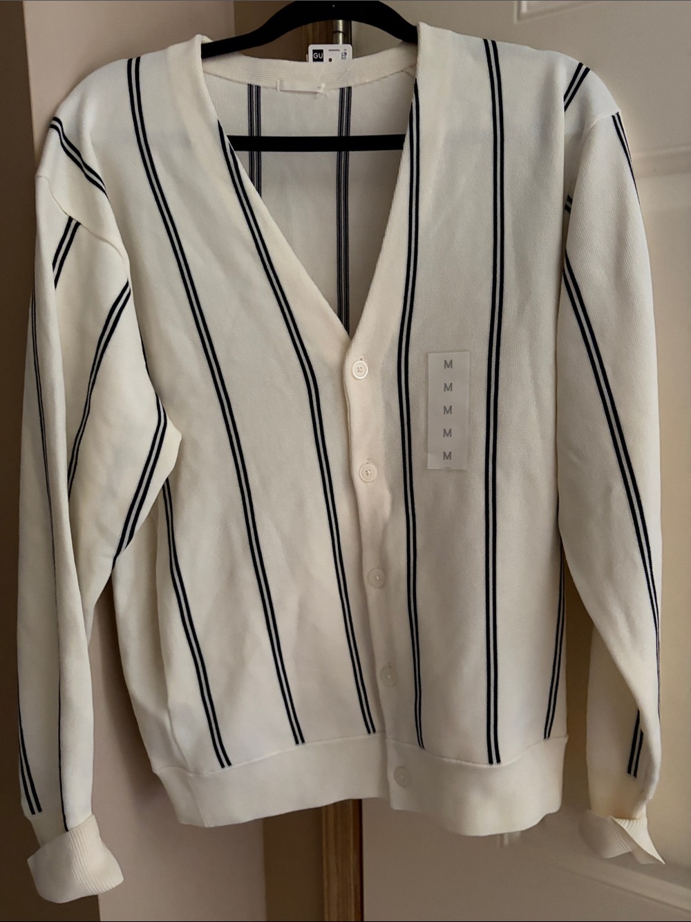 GU (Japan brand) Striped V-Neck Cardigan Sweater - Off White with Black Stripes